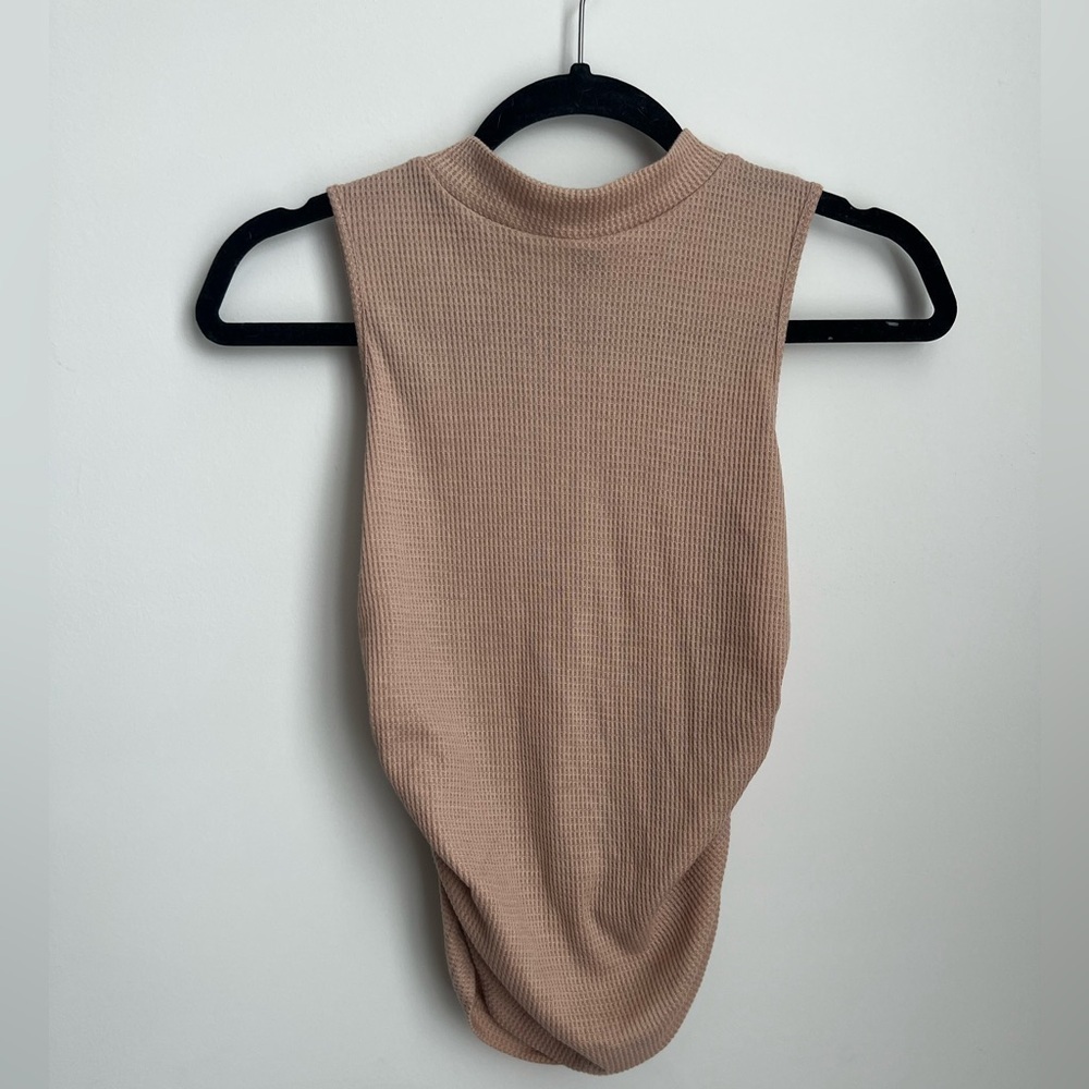 Shein Women's Sleeveless Mock Neck Ruched Sided Tank Top Tan S